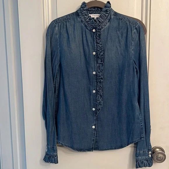 NWOT Frame “Springfield” ruffle denim shirt - Picture 4 of 12